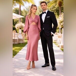 Shona Joy Luxe Twist Front Balloon Sleeve Midi Dress in Rose size 6 NWT